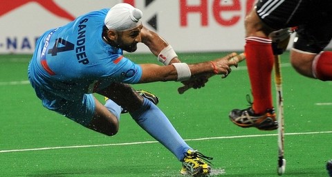 Sandeep Singh of India scores from a pen